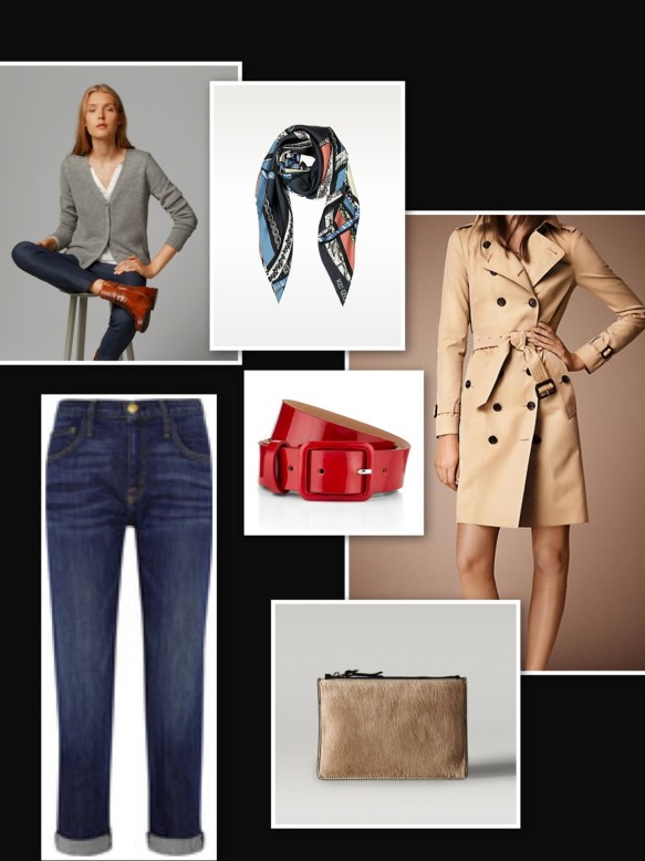 Boyfriend jeans dark, trench, grey sweater