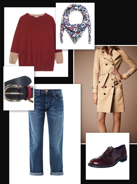 Boyfriend jeans, trench, burgundy and beige sweater