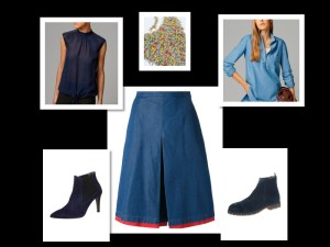 Denim skirt red + navy boots
