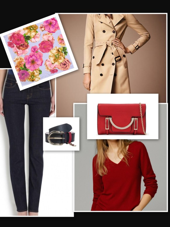 skinny jeans, trench and flower silk square