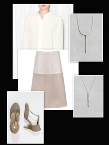 Suede beige skirt:white shirt:beige shoes