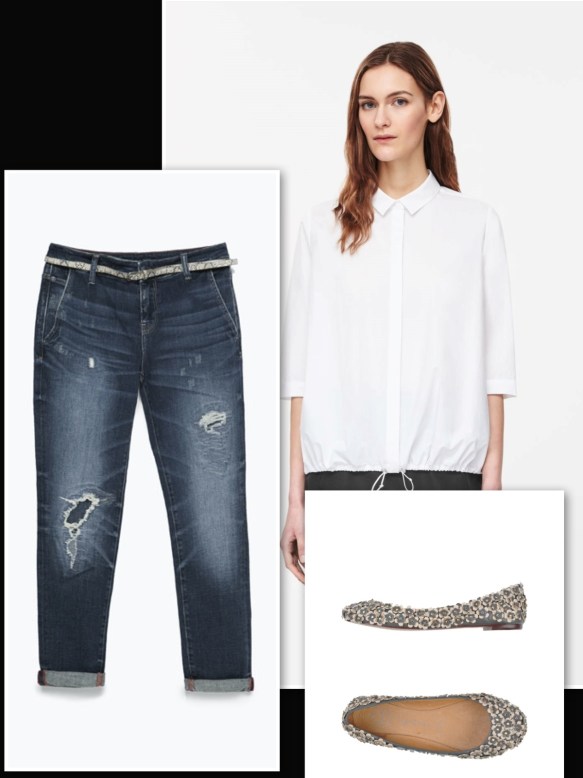 flower appliquè ballerina, jeans and white shirt