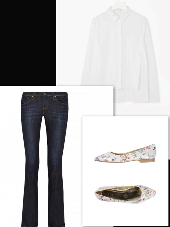 flowery white ballerina, jeans and white shirt
