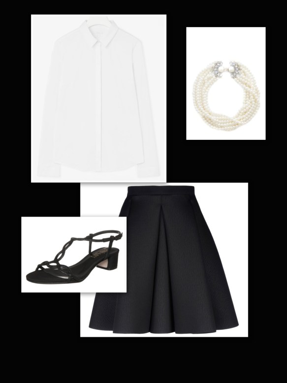 Black skirt + white fitted shirt + black mid- heels + pearl necklace