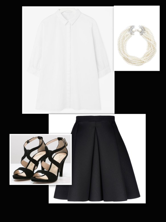 Black skirt + white shirt + black heels + pearl necklace