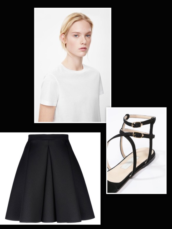 Black skirt + white t-shirt + black flat sandals