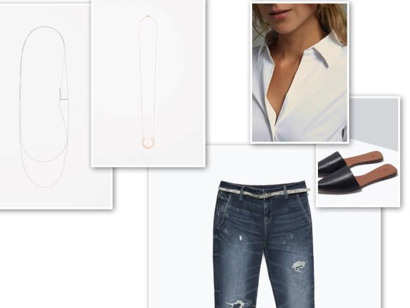 Boyfriend jeans, white shirt, fine necklaces, black mules