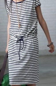 stripe-printing-calf-length-dress-with-drawstring-ties