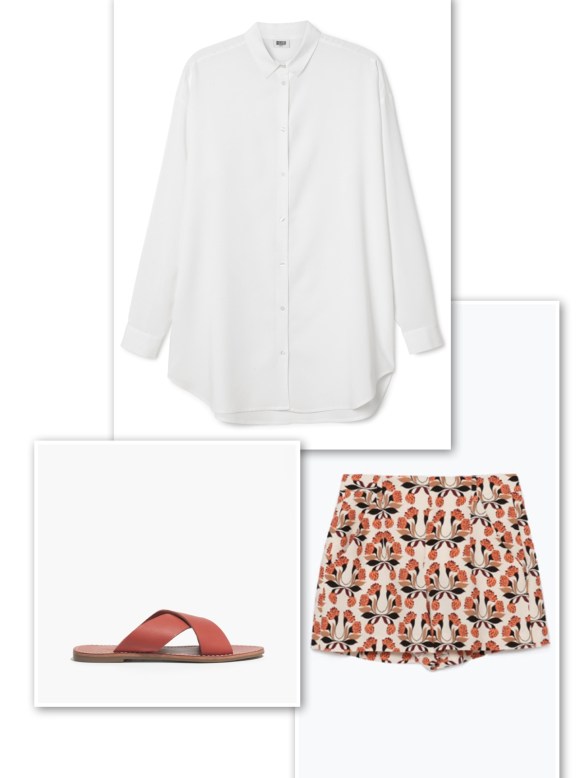 White man's shirt + shorts + slides