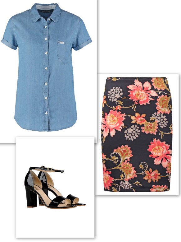 Denim shirt + floral skirt