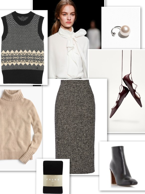 British look with tweed skirt, fair isle vest, pussy-bow blouse
