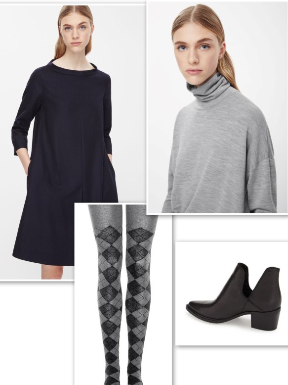 Short sleeves dress + long sleeves top + fun tights + ankle boots