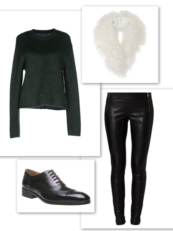 Dark green sweater + leather trousers + fur collar + brogues