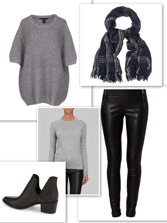 Grey sweaters + leather trousers + checked scarf + ankle boots