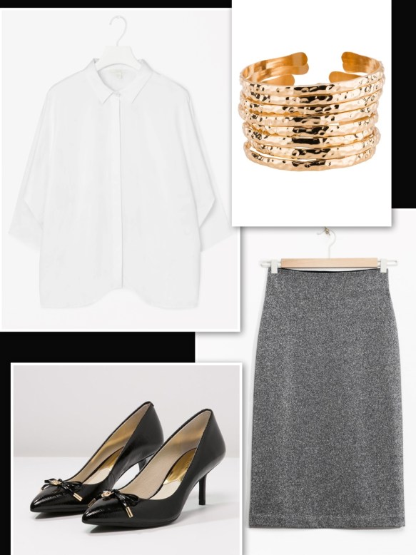 & Other Stories metallic skirt + white shirt