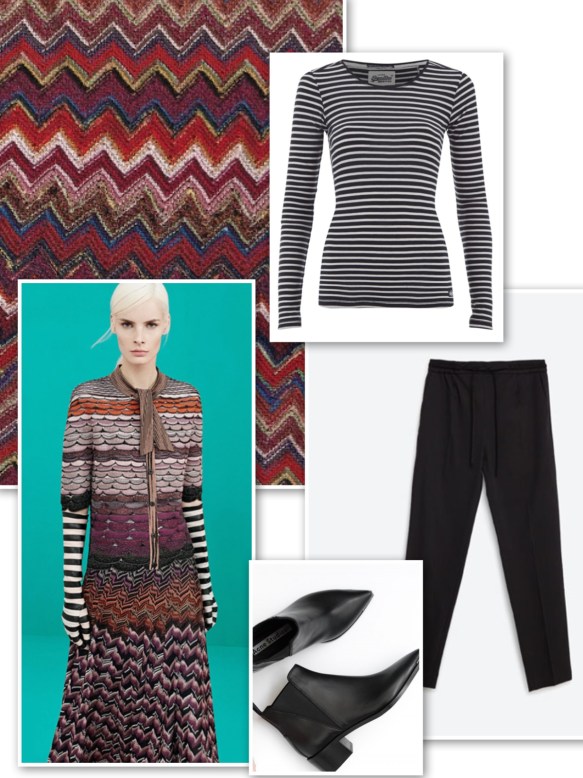 Stiped top + %22Missoni design%22 coat + black trousers + boots