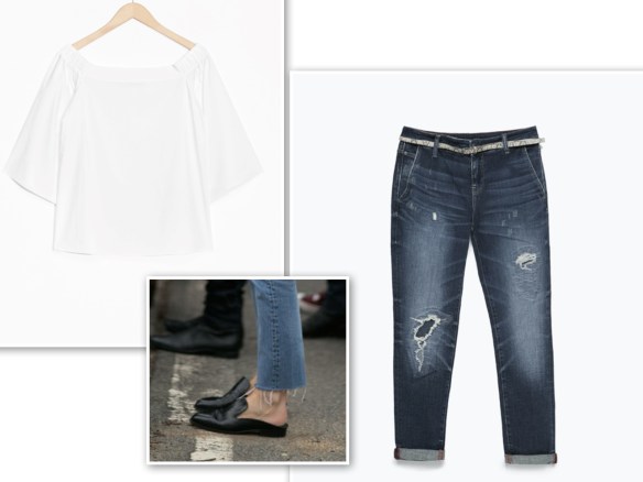 Off-the-shoulder blouse + jeans + flat mules