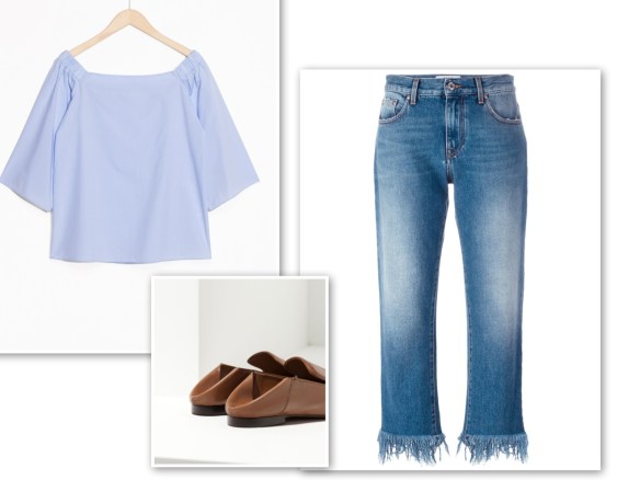 Off-the-shoulder blouse + jeans freyed hem + flat mules