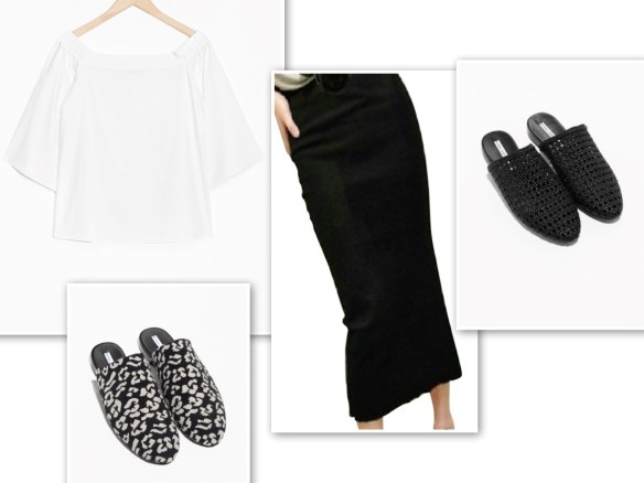 Off-the-shoulder blouse + skirt + flat mules