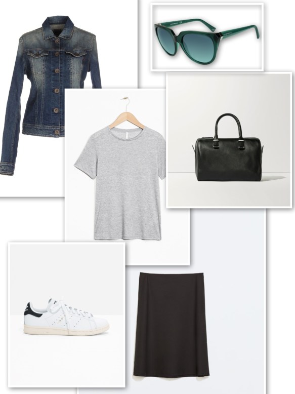Denim jacket + grey t-shirt + black skirt + green sunglasses + black handbag + trainers