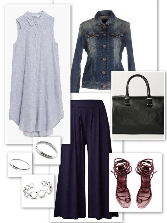 Denim jacket + long striped shirt + culottes + silver bangles + bowling bag + lace-up sandals