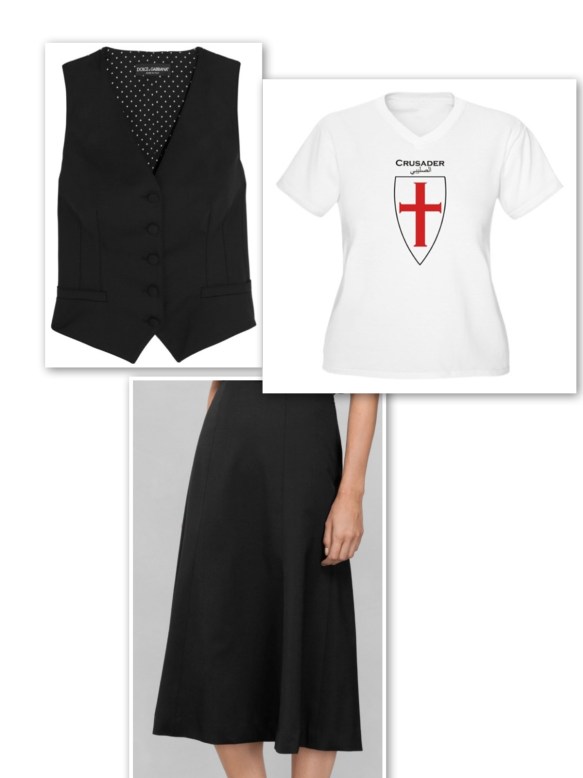 Black waistcoat + cross t-shirt + flute skirt
