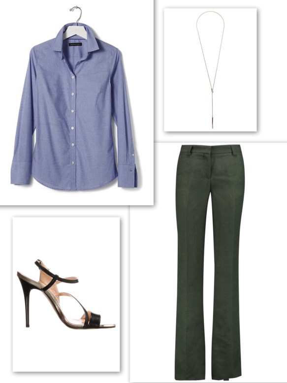 Blue fitted shirt + army green elegant trousers + long necklace + heels