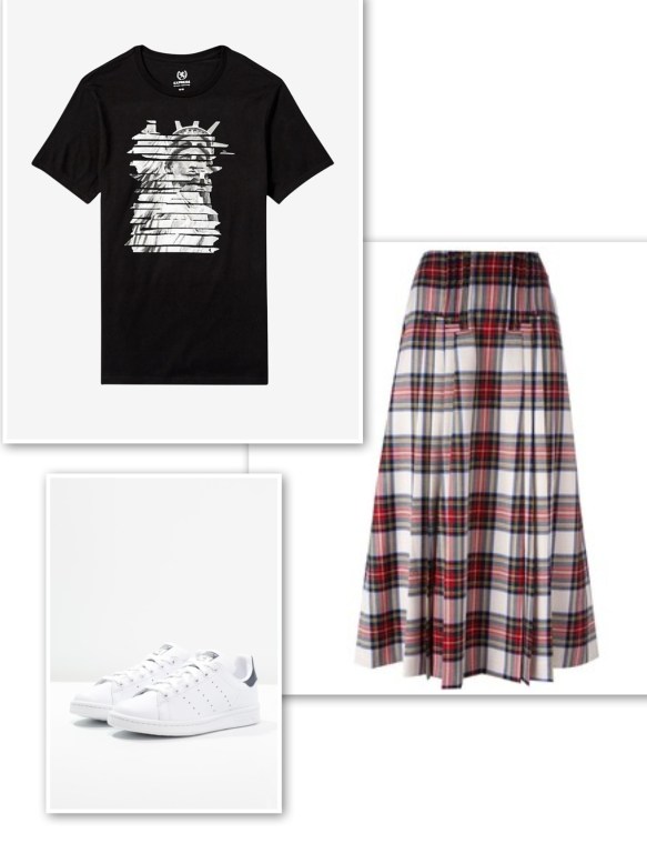 graphic-t-shirt-tartan-skirt-trainers