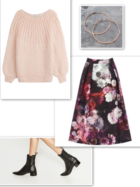pink-mohair-knit-floral-skirt-black-ankle-boots-hoop-earrings